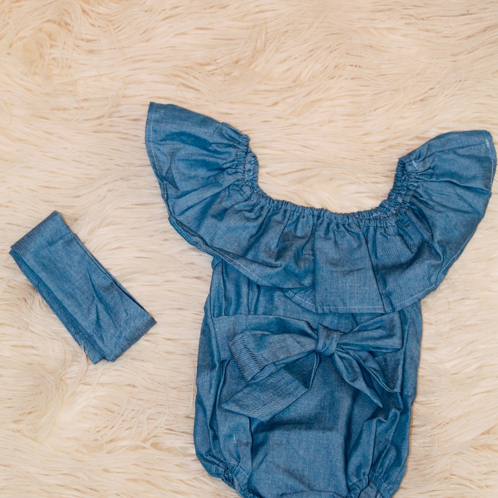 Denim Ruffled Bodysuit with Headband - Picture 3 of 4
